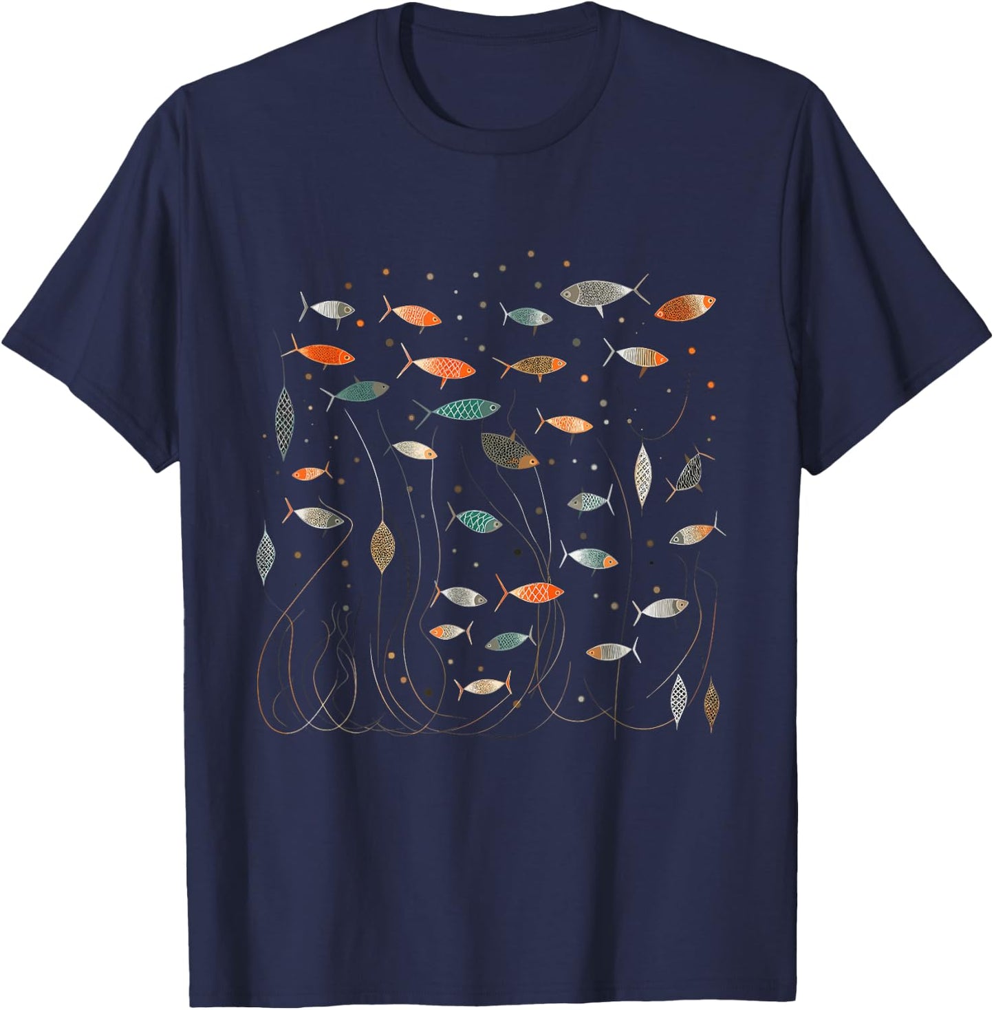 Retro School of Fish - Abstract Boho Mid Century Modern T-Shirt - T-Shirt | Navy