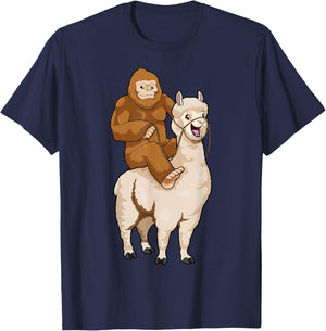 Bigfoot Riding Llama Sasquatch Cryptozoology Cryptid Farmer T-Shirt - T-Shirt | Navy