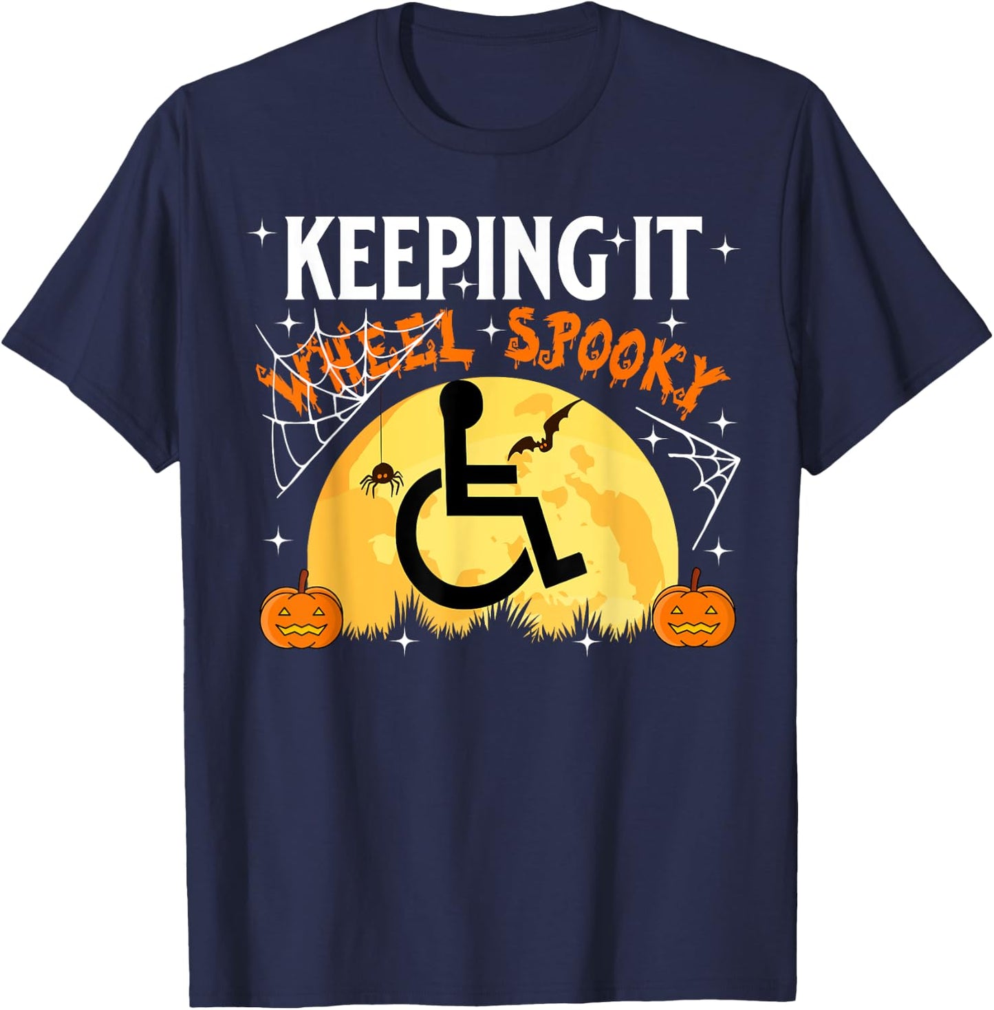 Wheelchair Halloween Disabled Spooky Moon Pumpkin Handicap T-Shirt - T-Shirt | Navy