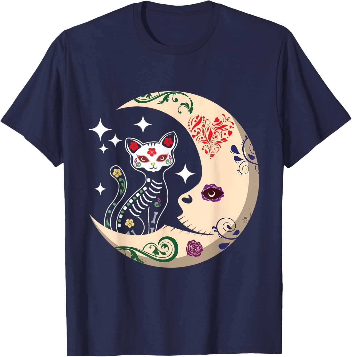Souls Day Los Muertos Day Of Dead Sugar Cat Moon Floral T-Shirt - T-Shirt | Navy