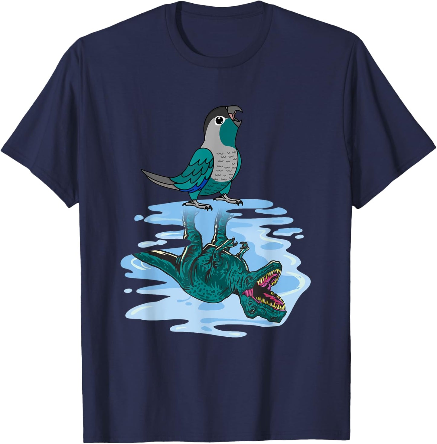 Parrot & T Rex Reflection I Turquoise Green Cheek Conure T-Shirt - T-Shirt | Navy