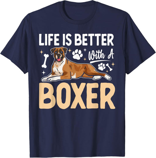 Life is Better with a Boxer - Dog Parent Pet Paw Men Women Kids T-Shirt - T-Shirt | Navy