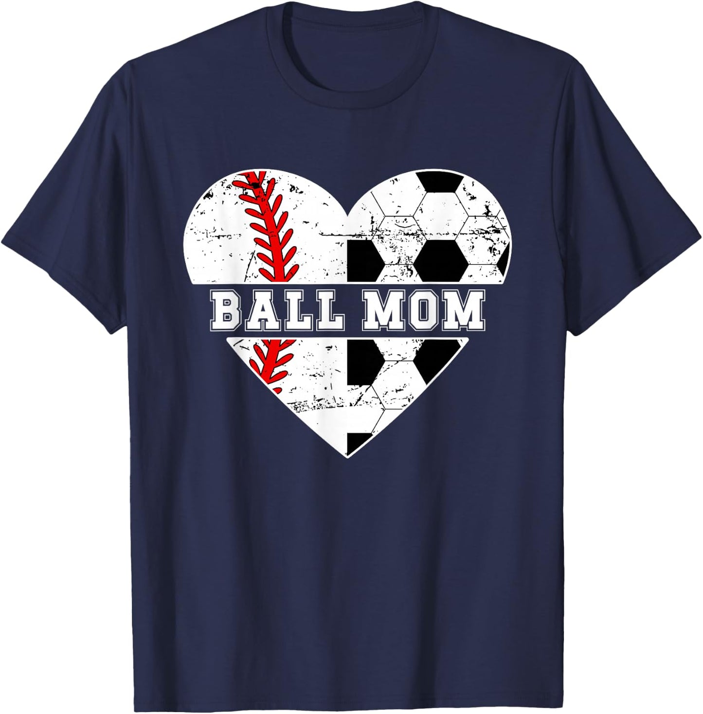 Ball Mom Heart Soccer Baseball Mom Soccer Baseball Mama T-Shirt - T-Shirt | Navy