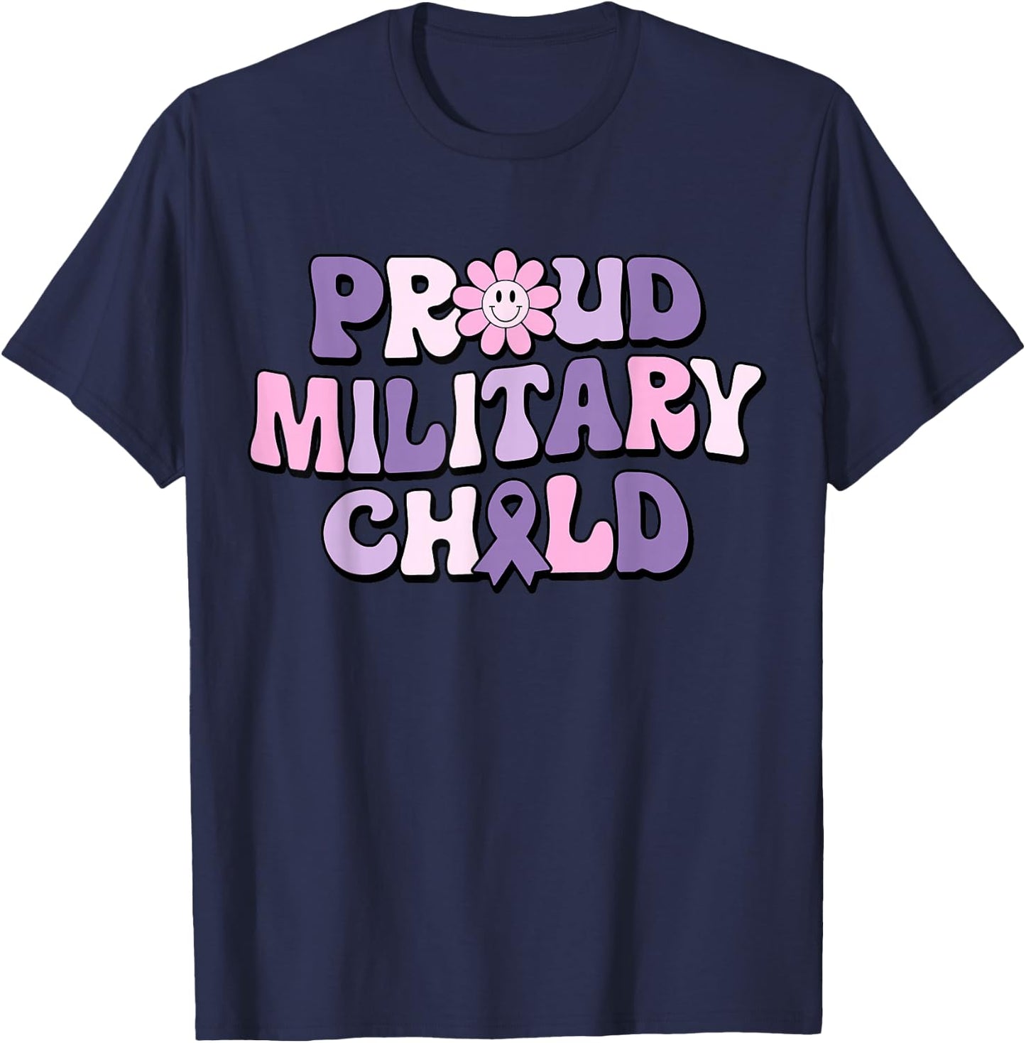 Proud Military Child Groovy Purple Up for Military Kids T-Shirt - T-Shirt | Navy