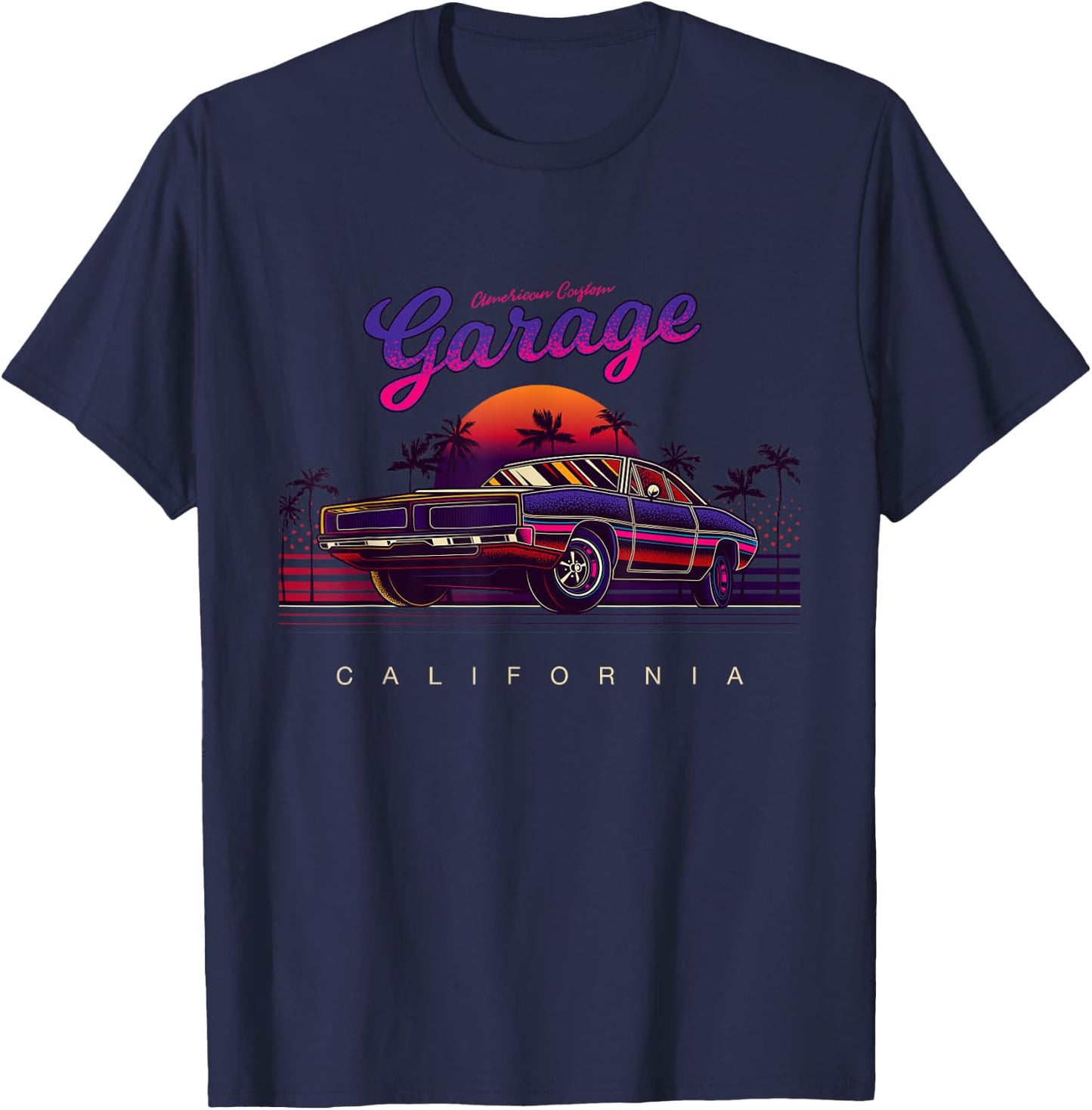 Vintage American Custom Garage, California Cars Graphic T-Shirt - T-Shirt | Navy