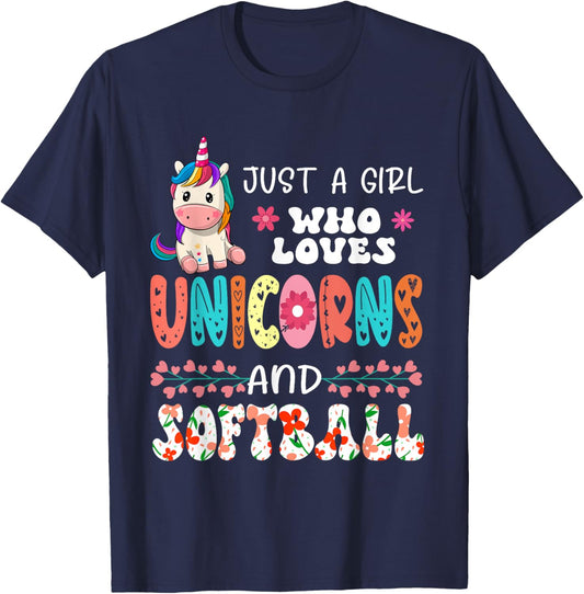 Just A Girl Who Loves Unicorns And Softball Floral Unicorn T-Shirt - T-Shirt | Navy