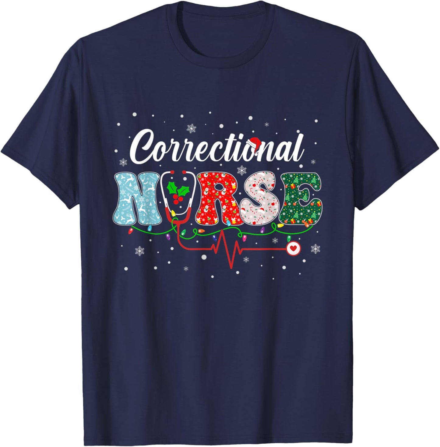 Correctional Nurse Xmas Santa Hat Nursing Christmas Pattern T-Shirt - T-Shirt | Navy
