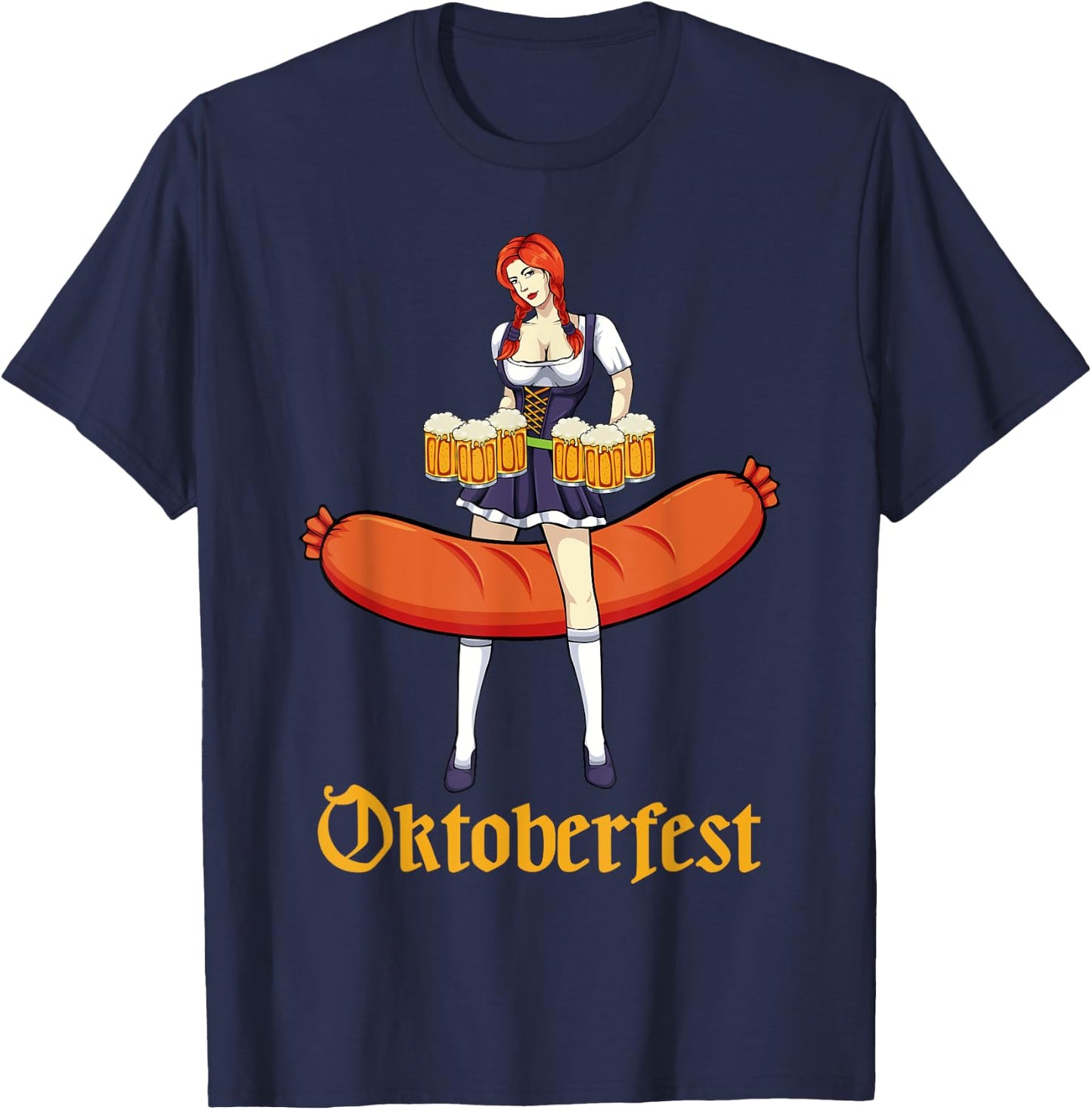 Barmaid Oktoberfest Cute German Woman Dirndl Bratwurst Beer T-Shirt - T-Shirt | Navy