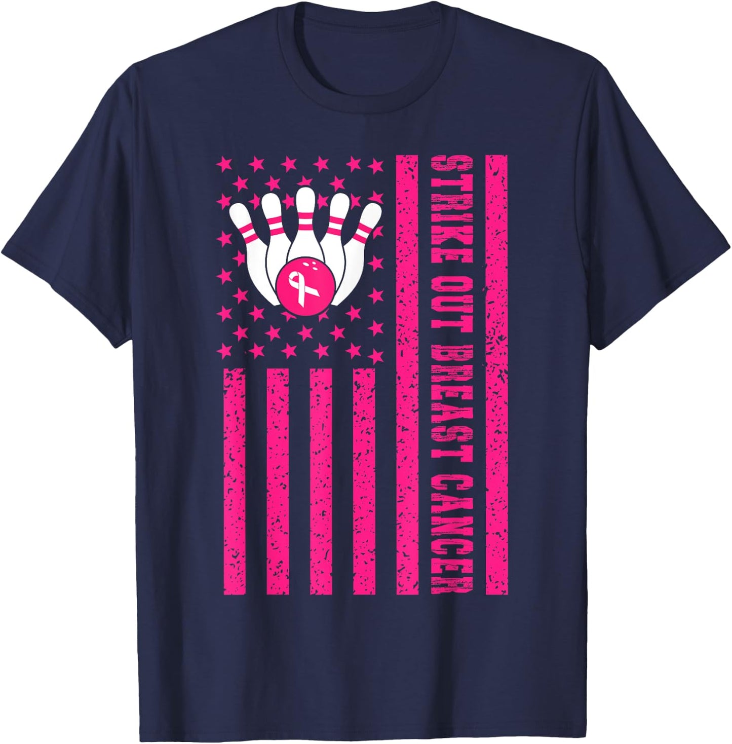 Strike Out Bowling Ribbon USA Flag Breast Cancer Awareness T-Shirt - T-Shirt | Navy
