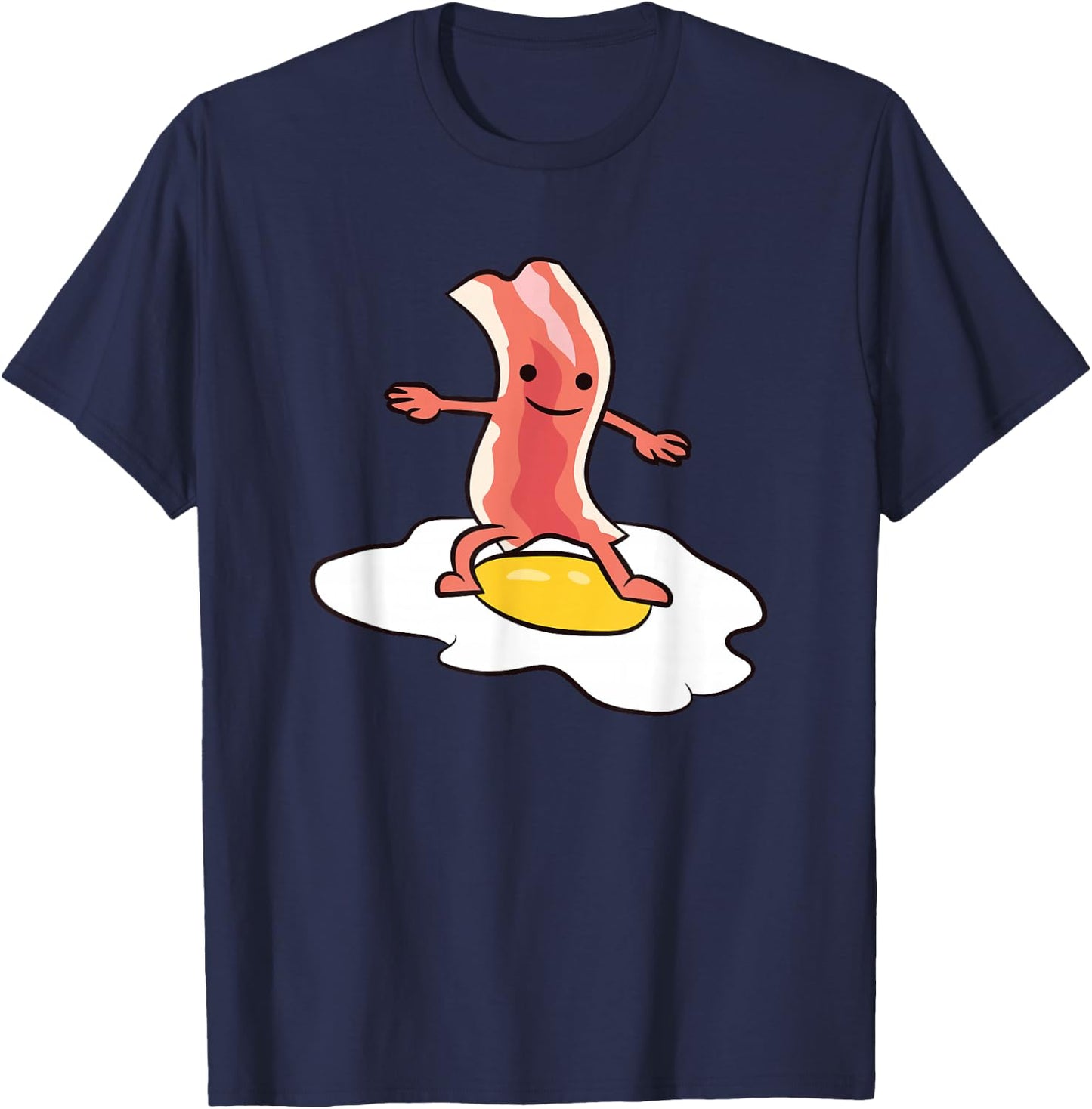 Kawaii Bacon Surfing On Fried Egg Breakfast Egg and Bacon T-Shirt - T-Shirt | Navy