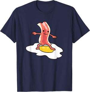 Kawaii Bacon Surfing On Fried Egg Breakfast Egg and Bacon T-Shirt - T-Shirt | Navy