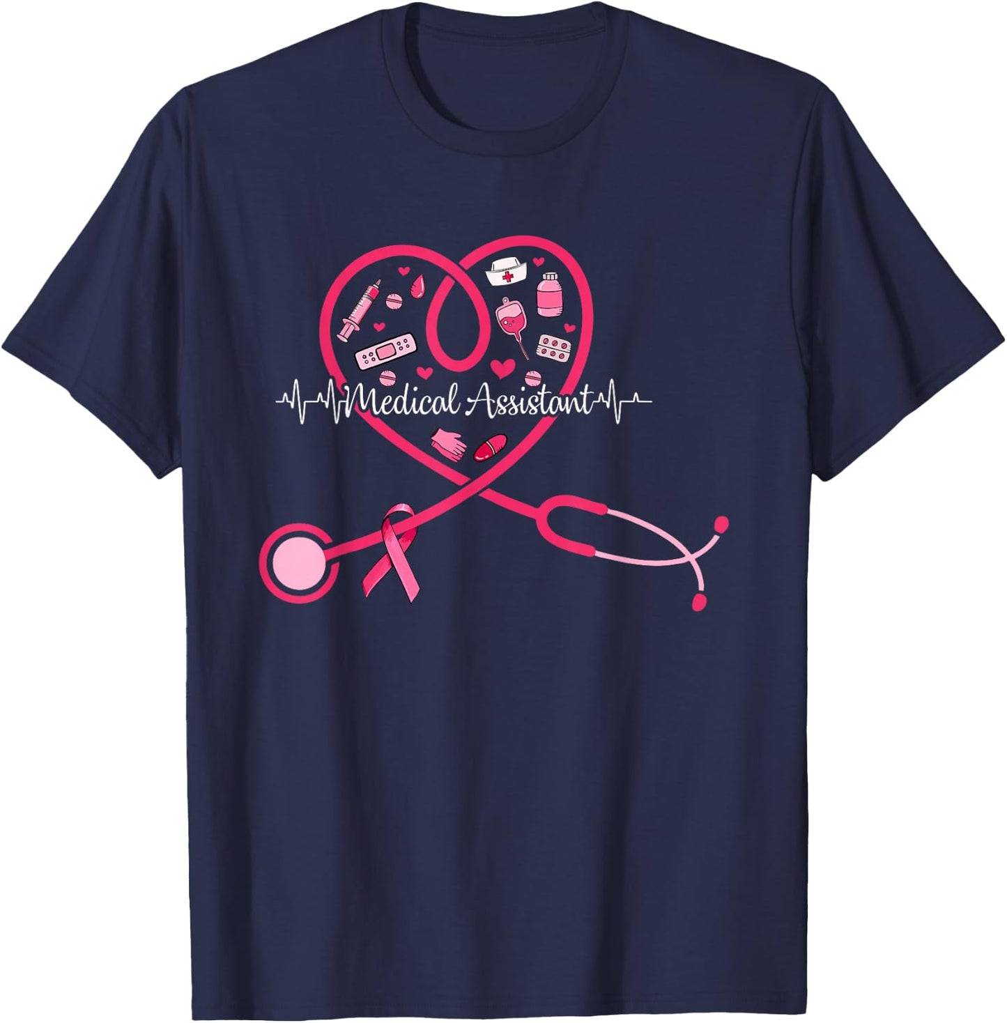 Medical Assistant Pink Stethoscope Heart Pink Breast Cancer T-Shirt - T-Shirt | Navy