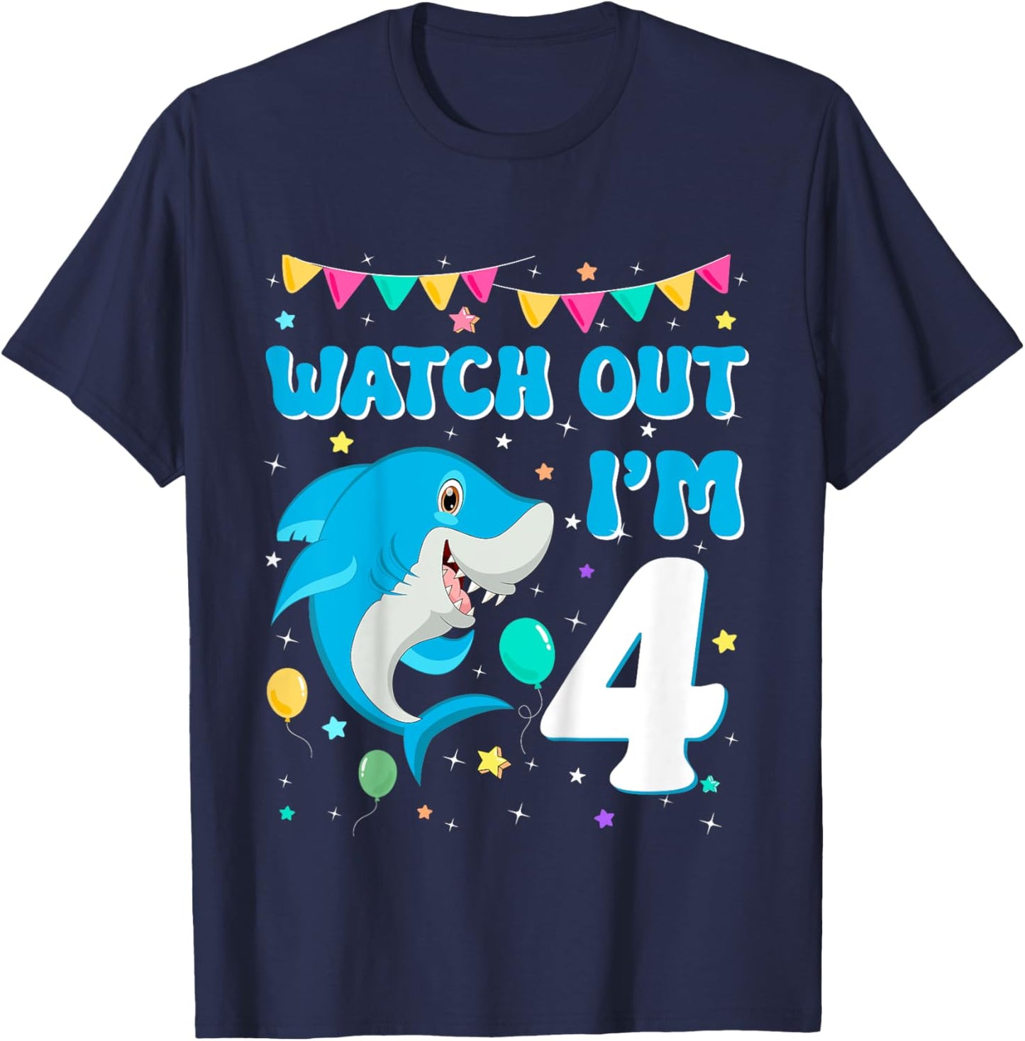 Kids Watch Out Shark I'm 4 Years Old Birthday Boy Back to School T-Shirt - T-Shirt | Navy