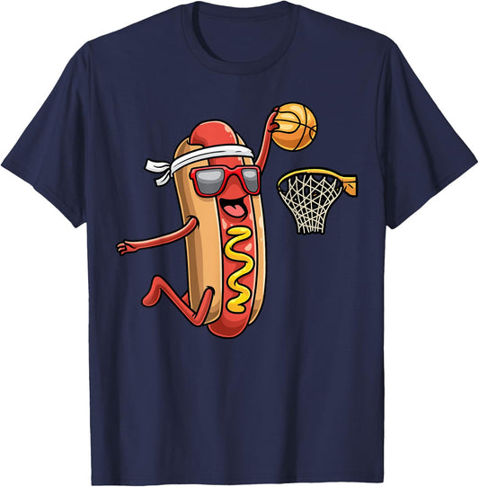 Hotdog In Bread Roll Playing Basketball Sports Player Kids T-Shirt - T-Shirt | Navy