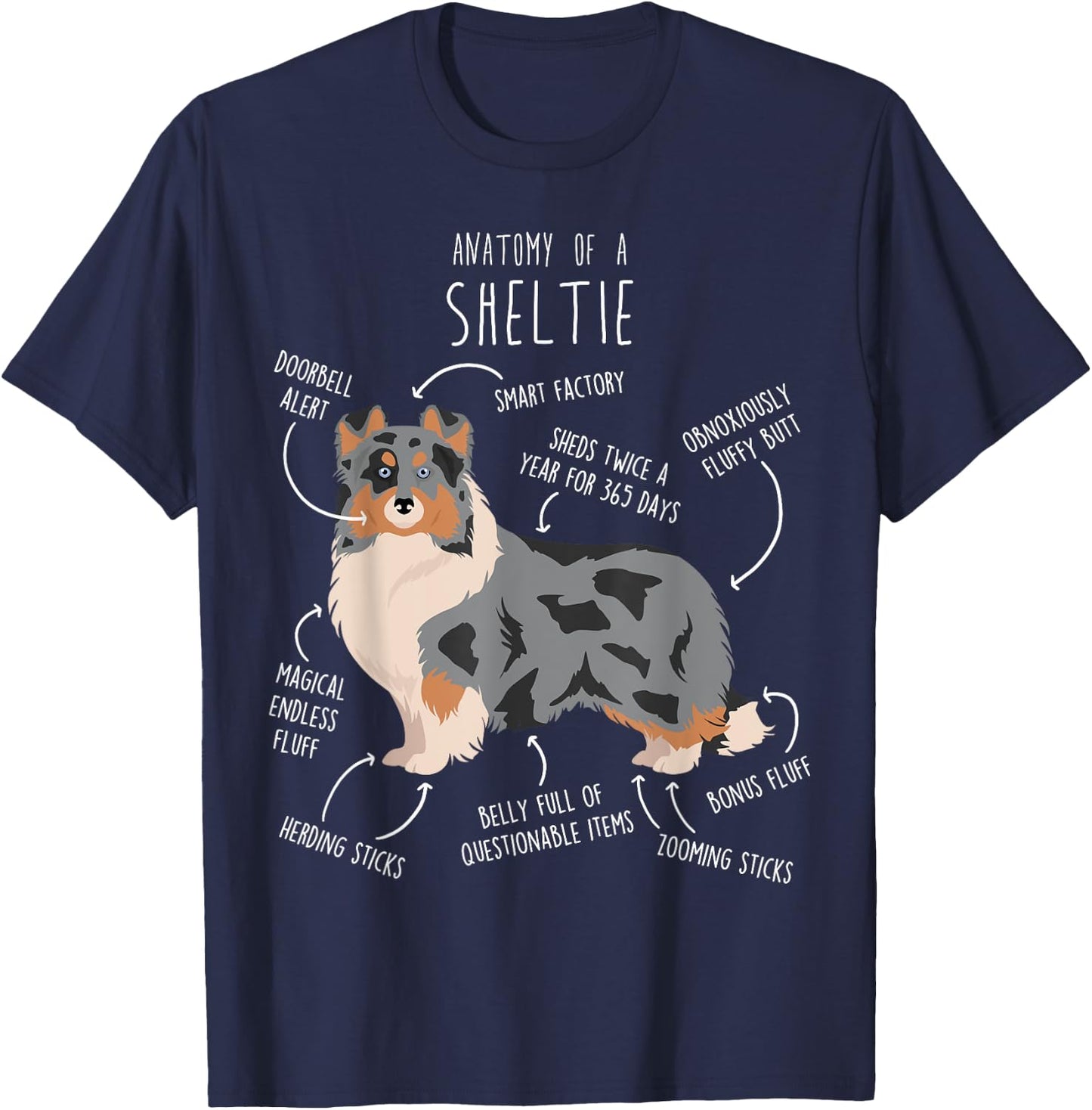 Blue Merle Sheltie Shetland Sheepdog Anatomy, Funny Cute Dog T-Shirt - T-Shirt | Navy