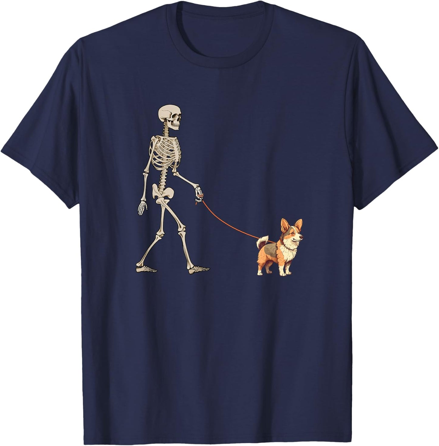 Funny Tri Color Corgi Skeleton Dog Walking Halloween Dog T-Shirt - T-Shirt | Navy