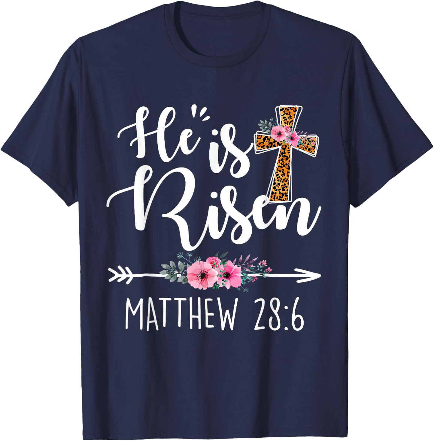He has Risen Easter Day Jesus Floral Cross Leopard T-Shirt - T-Shirt | Navy