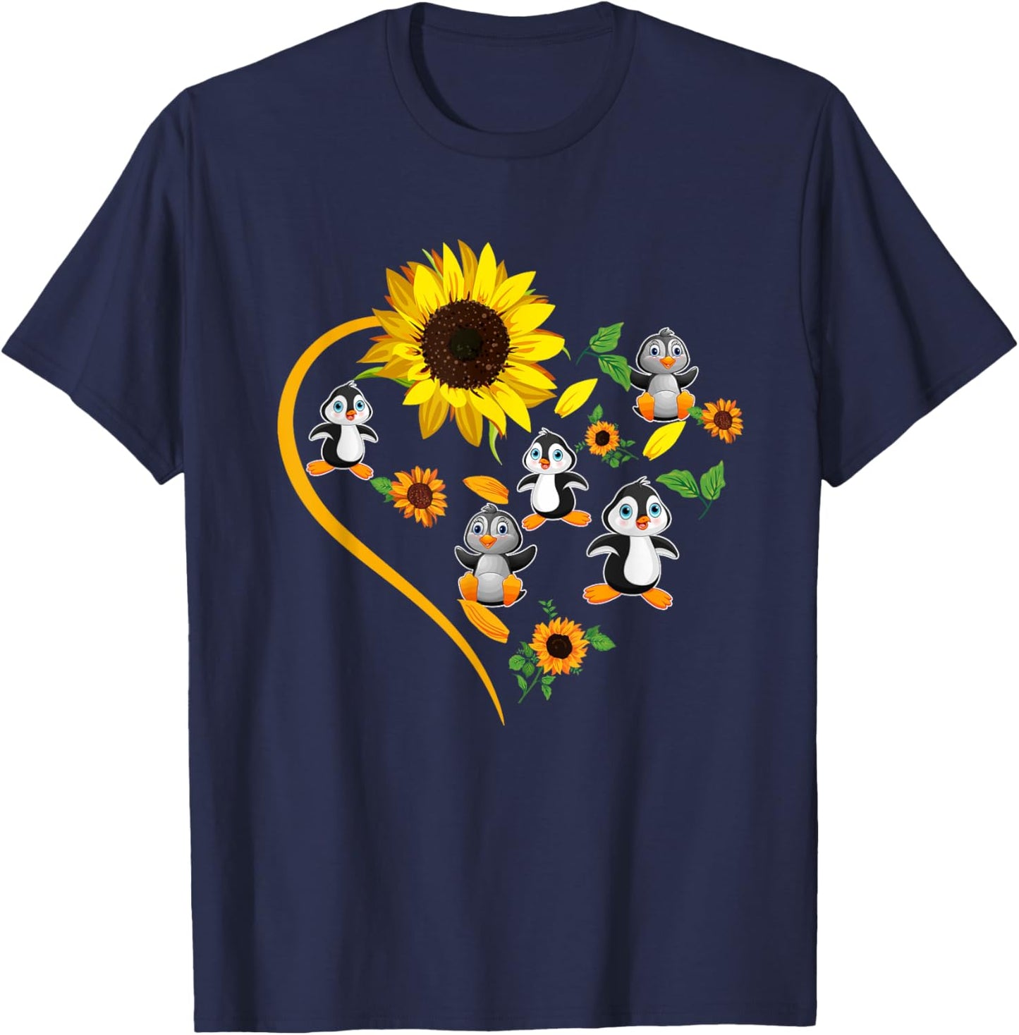 Sunflowers Penguins Cute Heart Shape Matching Bird Lover T-Shirt - T-Shirt | Navy