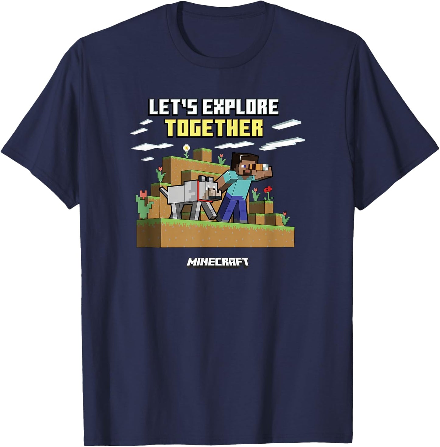 Minecraft Valentine's Day Let's Explore Together Steve Wolf T-Shirt - T-Shirt | Navy