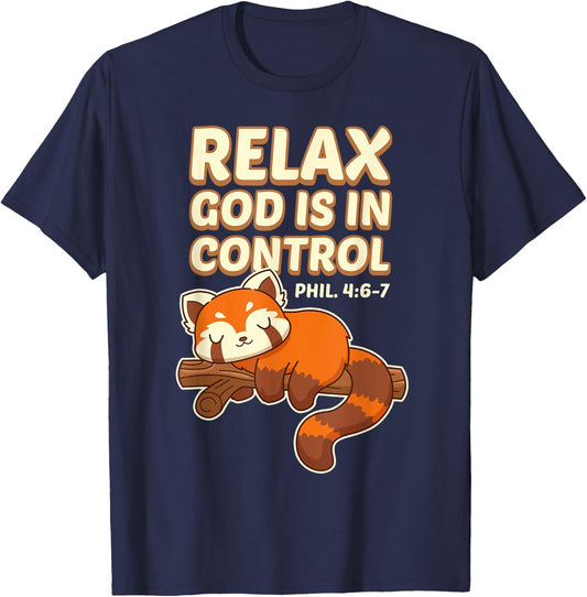 Inspiring Bible Quote With Red Panda - God Is In Control T-Shirt - T-Shirt | Navy