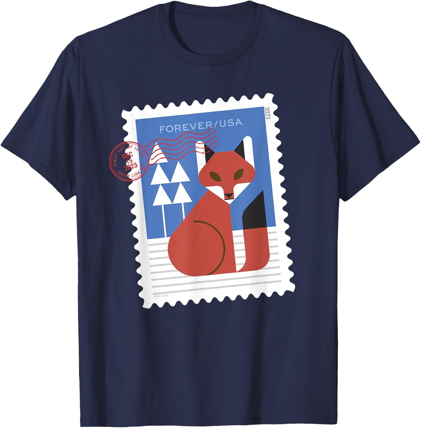 USPS Winter Woodland Animals - Fox Stamp T-Shirt - T-Shirt | Navy