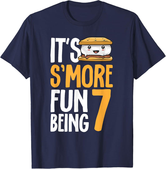 S’more Campfire 7th Birthday Marshmallow Camping Smore T-Shirt - T-Shirt | Navy