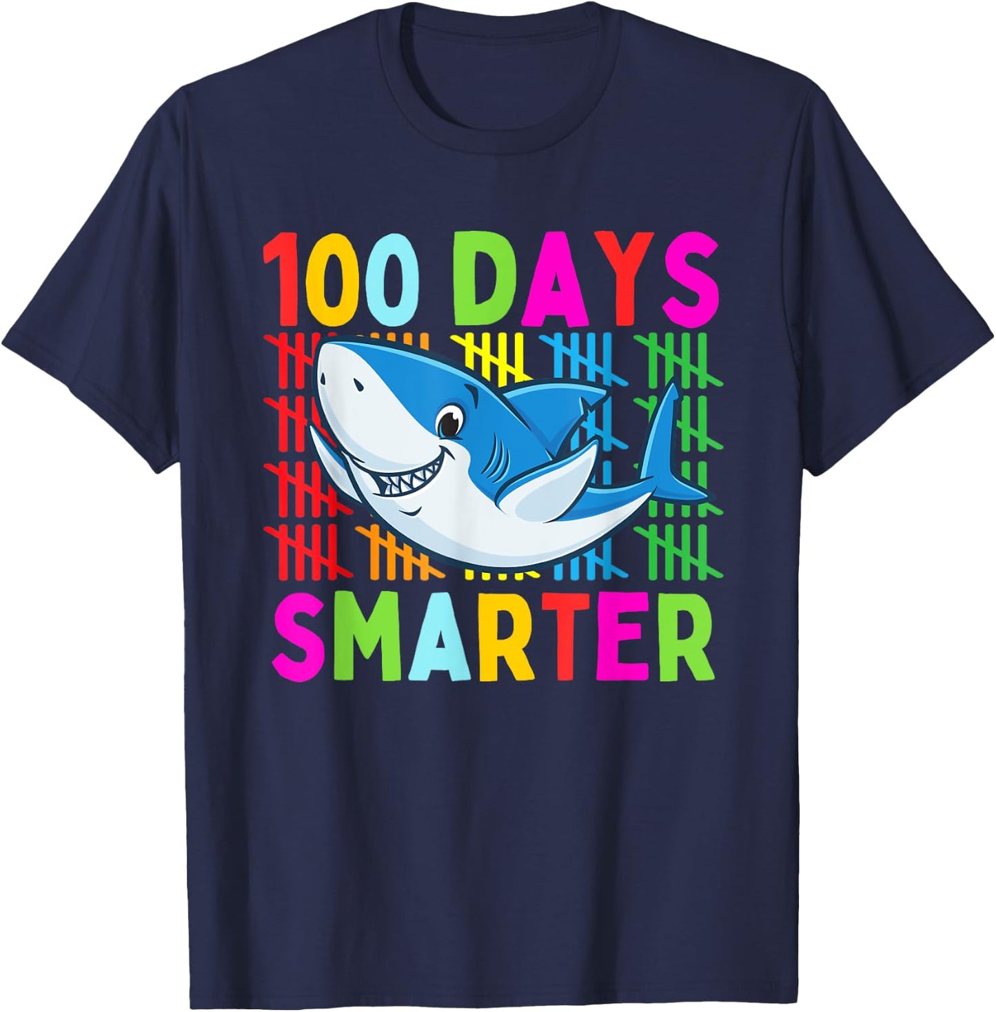 Cute Shark 100th Day Of School 100 Days Smarter Kids Boys T-Shirt - T-Shirt | Navy
