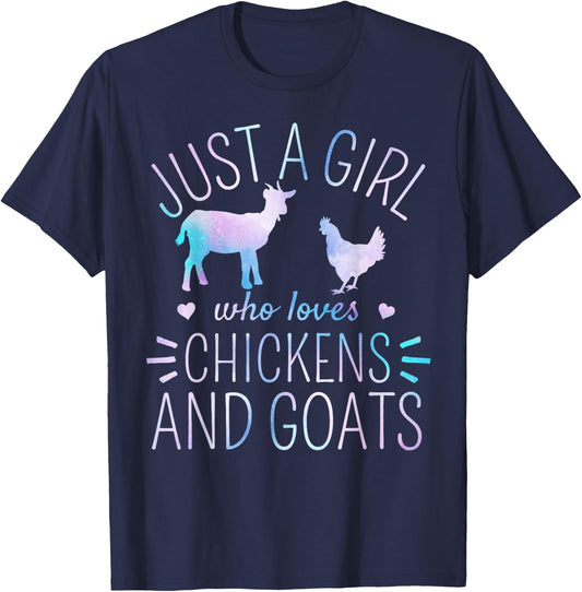 Just A Girl Who Loves Chickens And Goats Farmer Girls T-Shirt - T-Shirt | Navy