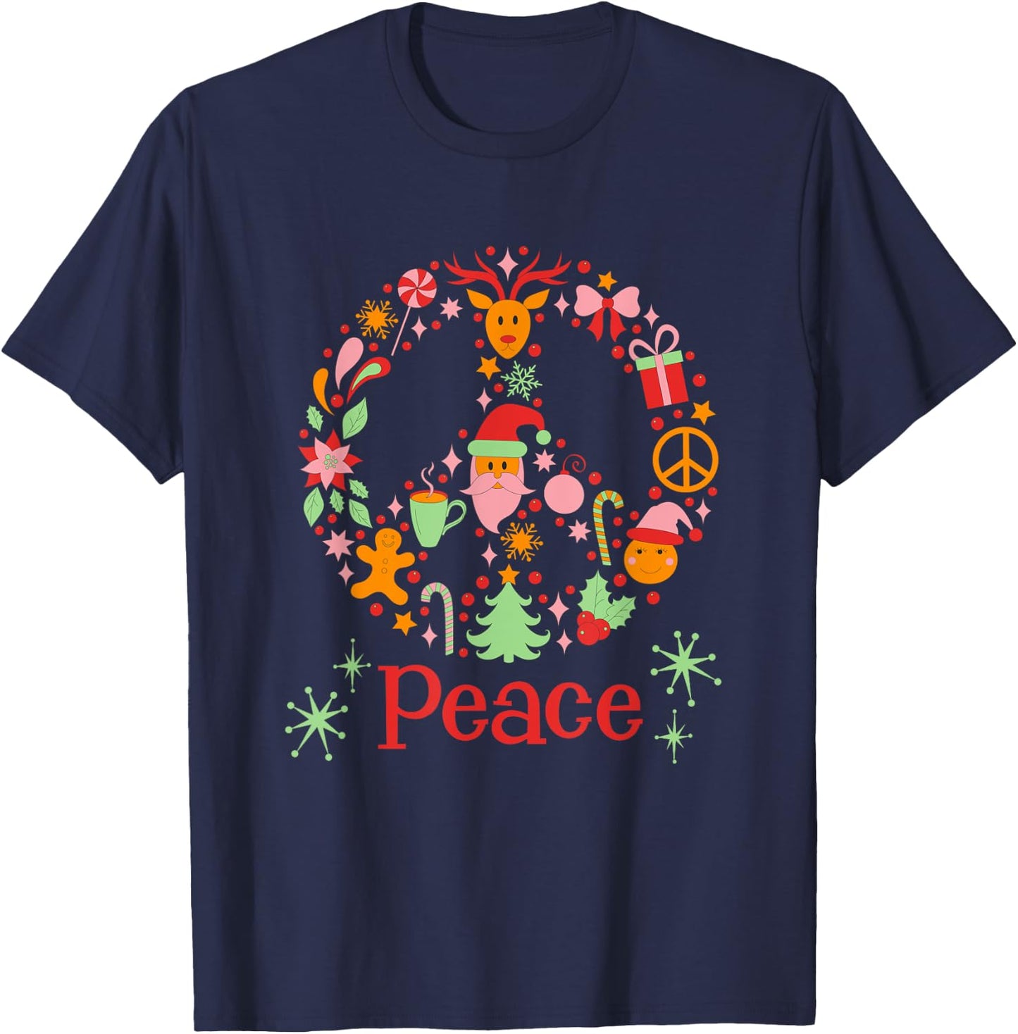 Christmas Peace Sign Retro Vintage Vibes MCM Cute Graphic T-Shirt - T-Shirt | Navy