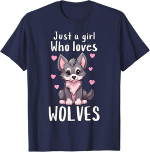 Just A Girl Who Loves Wolves - Cute Grey & Pink Baby Wolf T-Shirt - T-Shirt | Navy