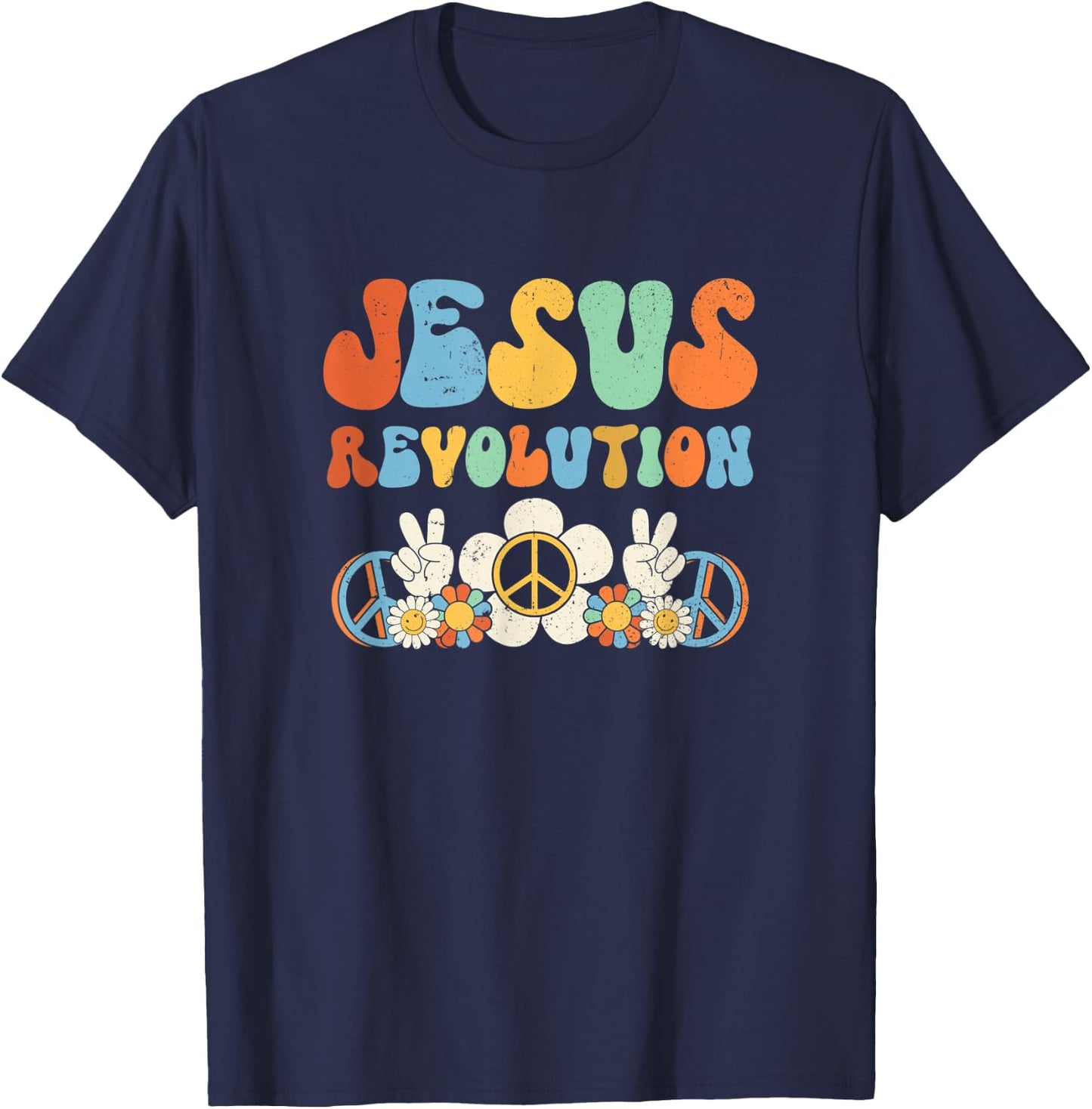 Jesus Revolution Faith Groovy Flower Peace Sign Christian T-Shirt - T-Shirt | Navy