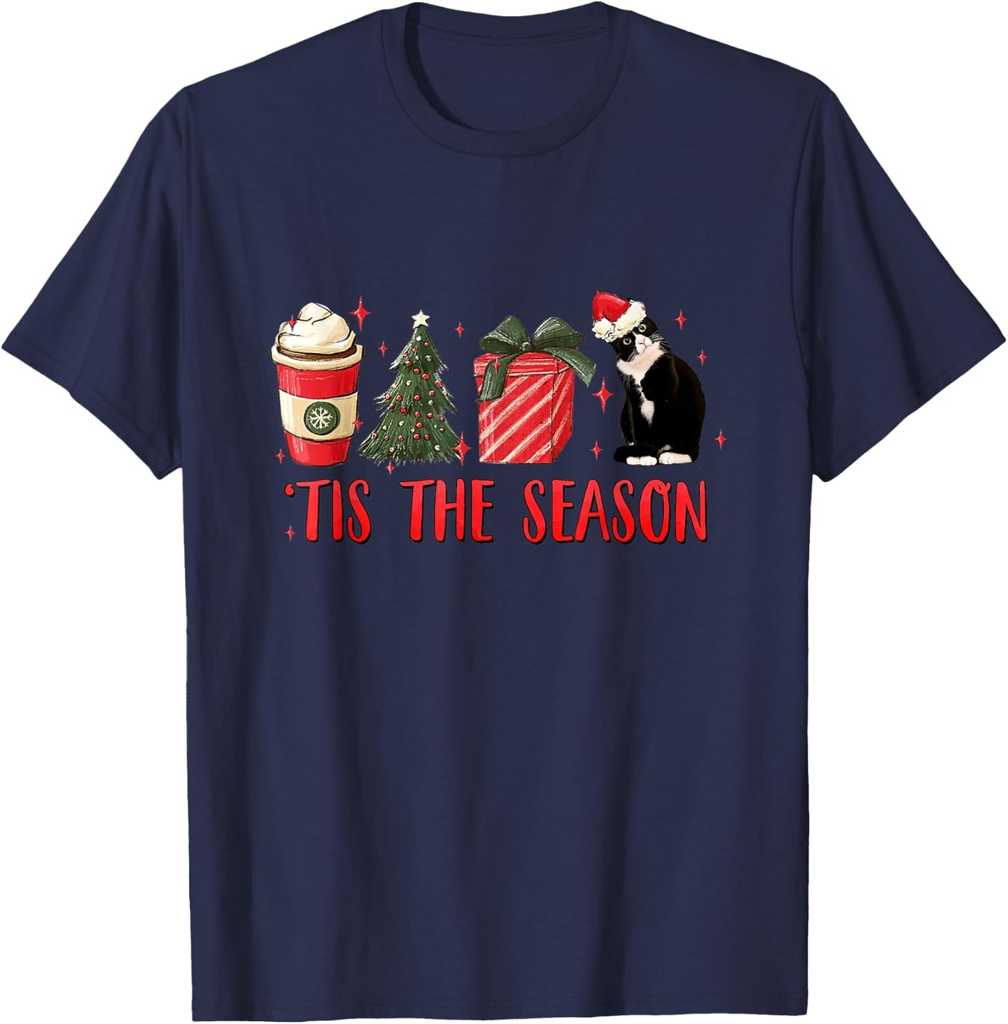 Tis The Season Christmas Tree Coffee Tuxedo Cat Santa Hat Women Kids T-Shirt - T-Shirt | Navy