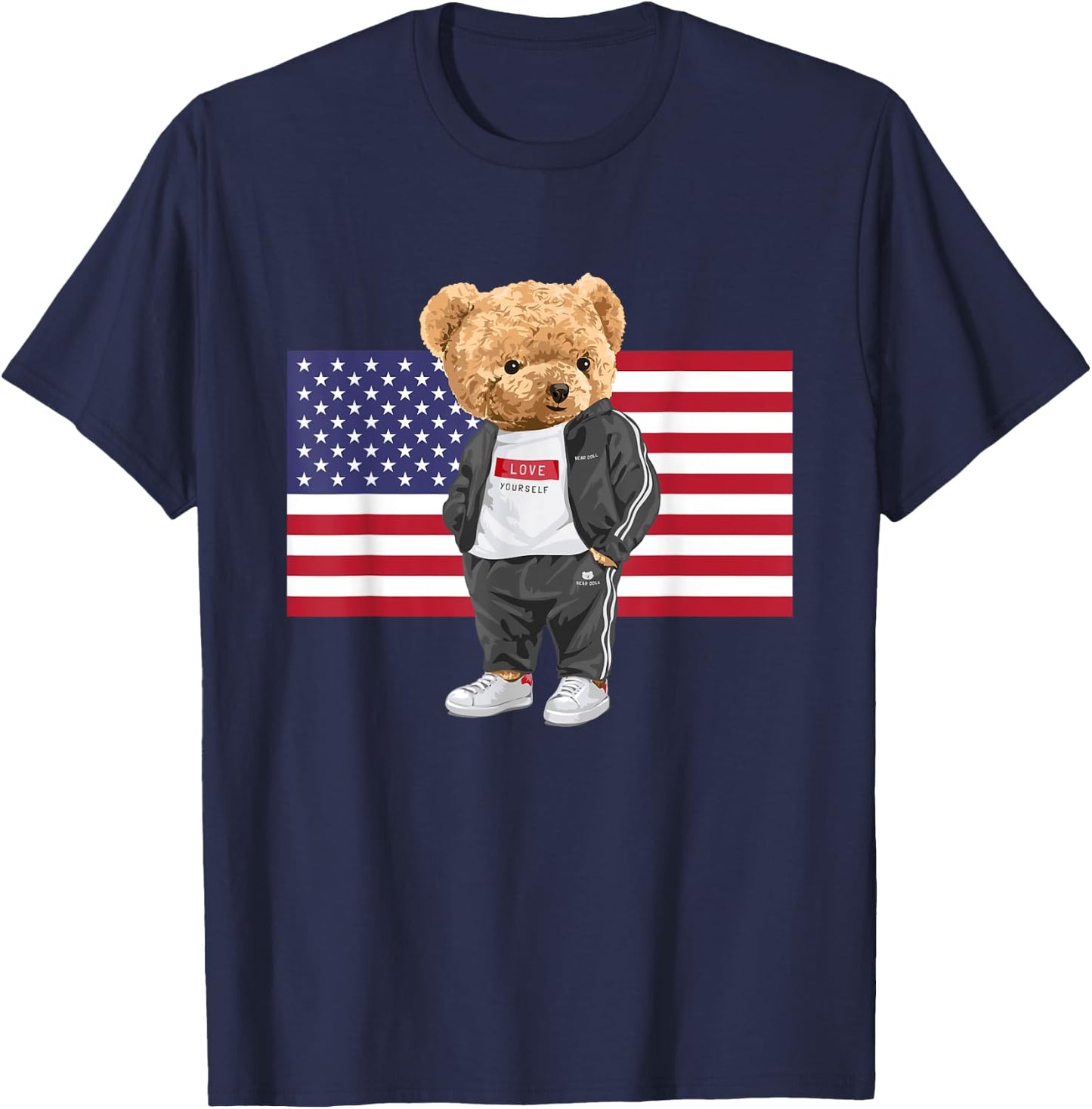 Cool USA Teddy Bear Illustration Novelty Graphic Designs T-Shirt - T-Shirt | Navy