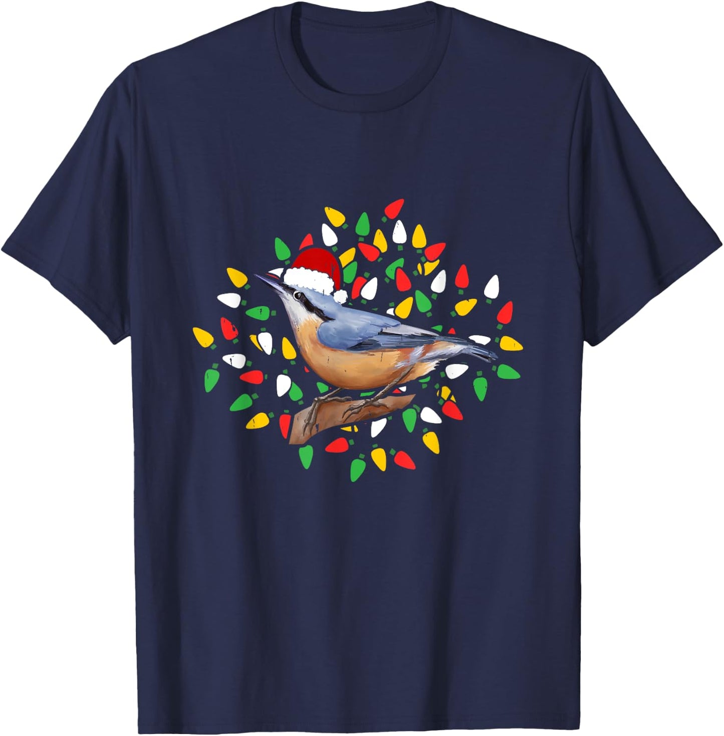 Holiday Xmas Lighting Santa Hat Red Breasted Nuthatch Bird T-Shirt - T-Shirt | Navy