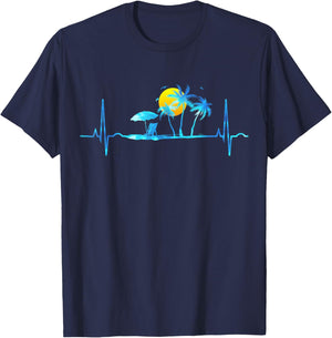 Heartbeat Palm Trees Tropical Beach Island Sunset Retro 70s Women Girls Kids T-Shirt - T-Shirt | Navy