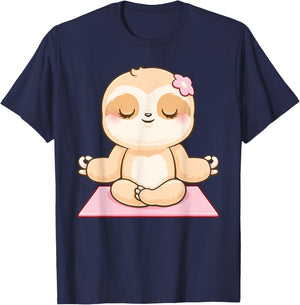 Girls Yoga Meditating Cute Fitness Meditation Sloth T-Shirt - T-Shirt | Navy
