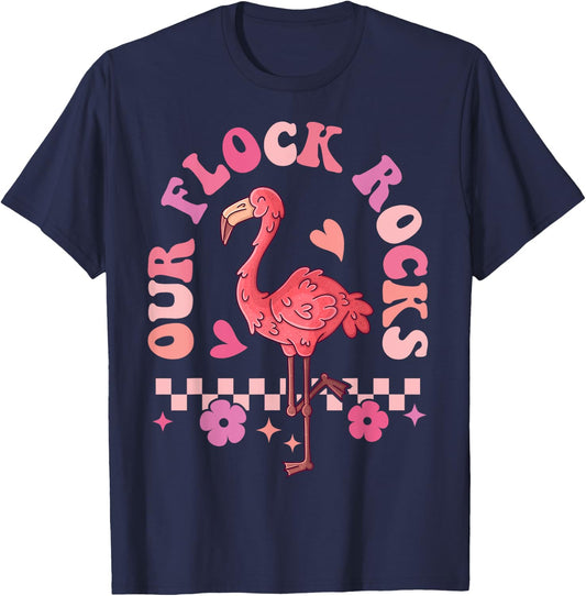 Our Flock Rocks Flamingo Matching Family Vacation T-Shirt - T-Shirt | Navy