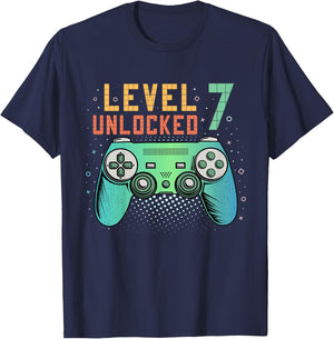 Kids Level 7 Unlocked 7th Birthday Gamer Gifts 7 Year Old Boys T-Shirt - T-Shirt | Navy
