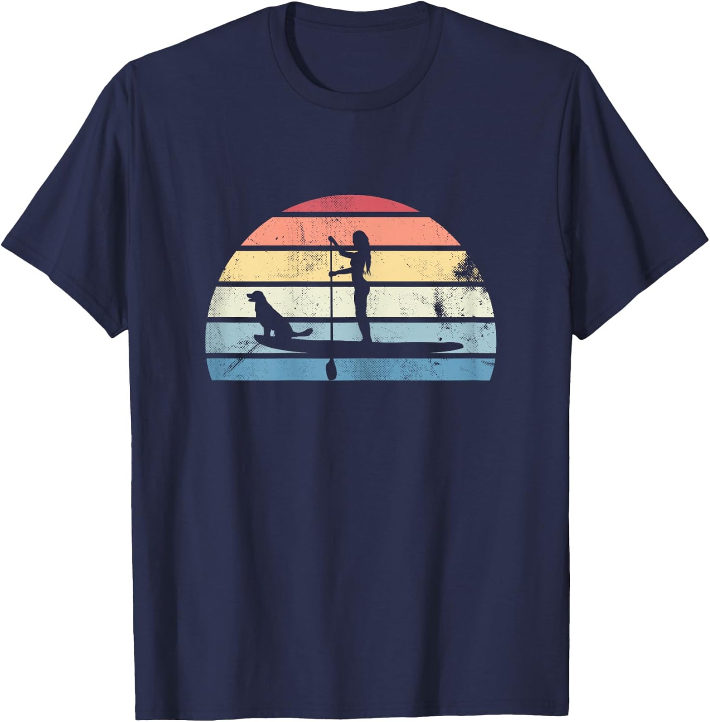 Retro Paddleboarding Girl with Dog Sunset Gift T-Shirt - T-Shirt | Navy