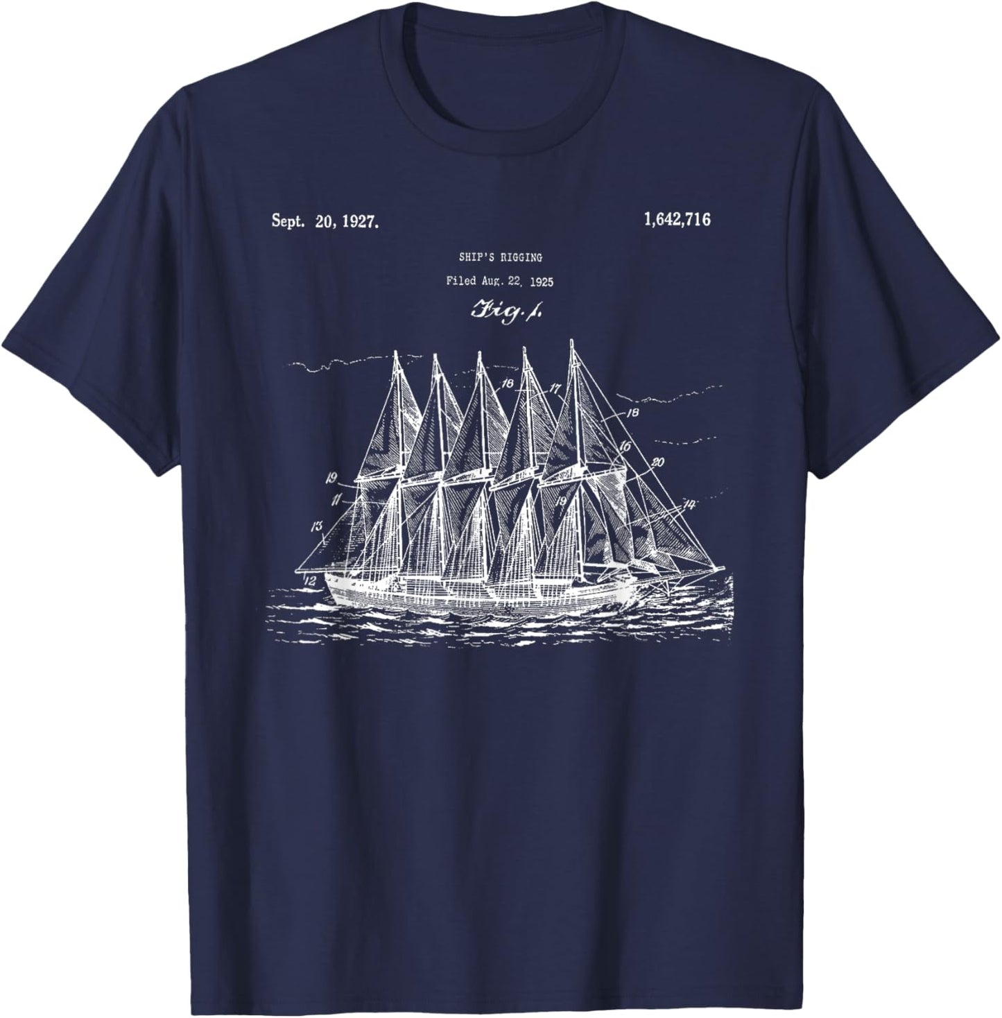 Vintage Ship Rigging Blueprint Shirt - Old Ocean Sailboat T-Shirt - T-Shirt | Navy