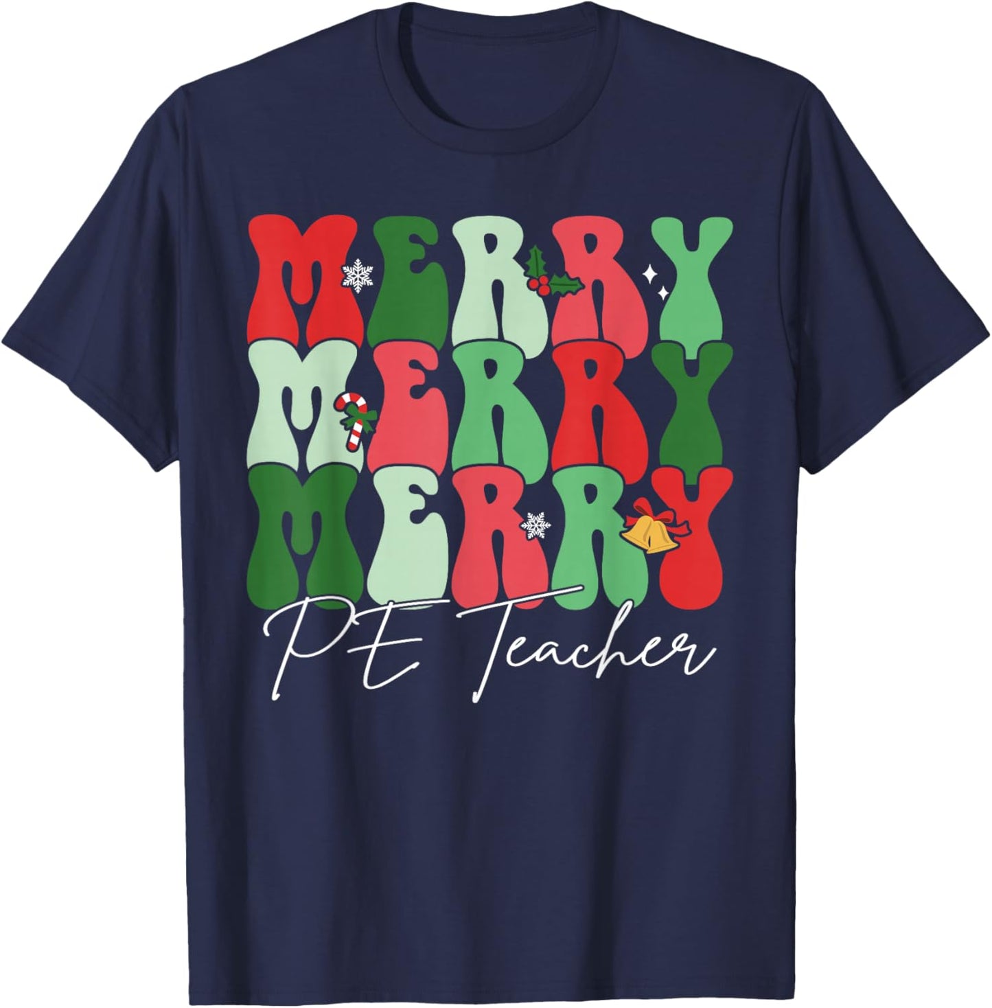 Groovy Merry PE Teacher Santa Christmas Pajama Holiday T-Shirt - T-Shirt | Navy