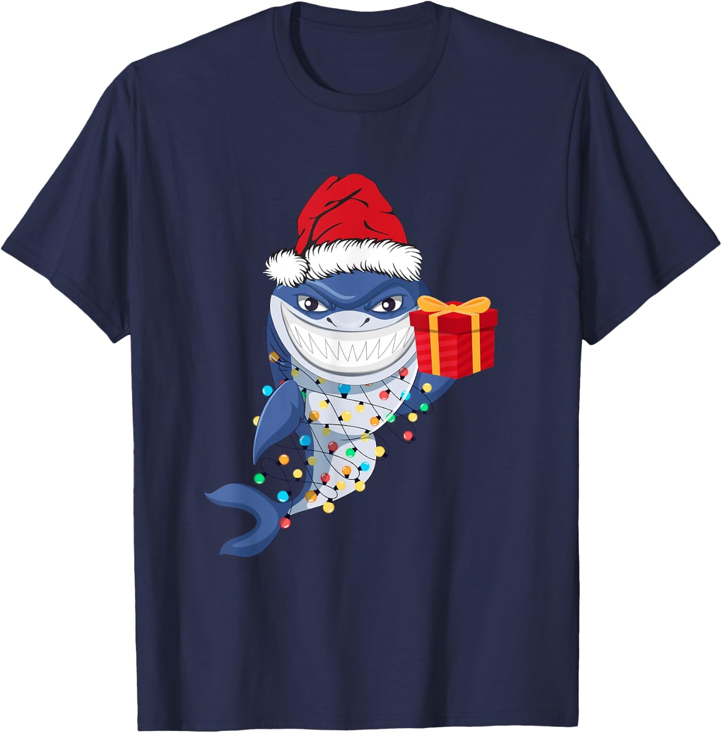 Shark Christmas Tree Lights Santa Hat Xmas Toddler Boys Kids T-Shirt - T-Shirt | Navy