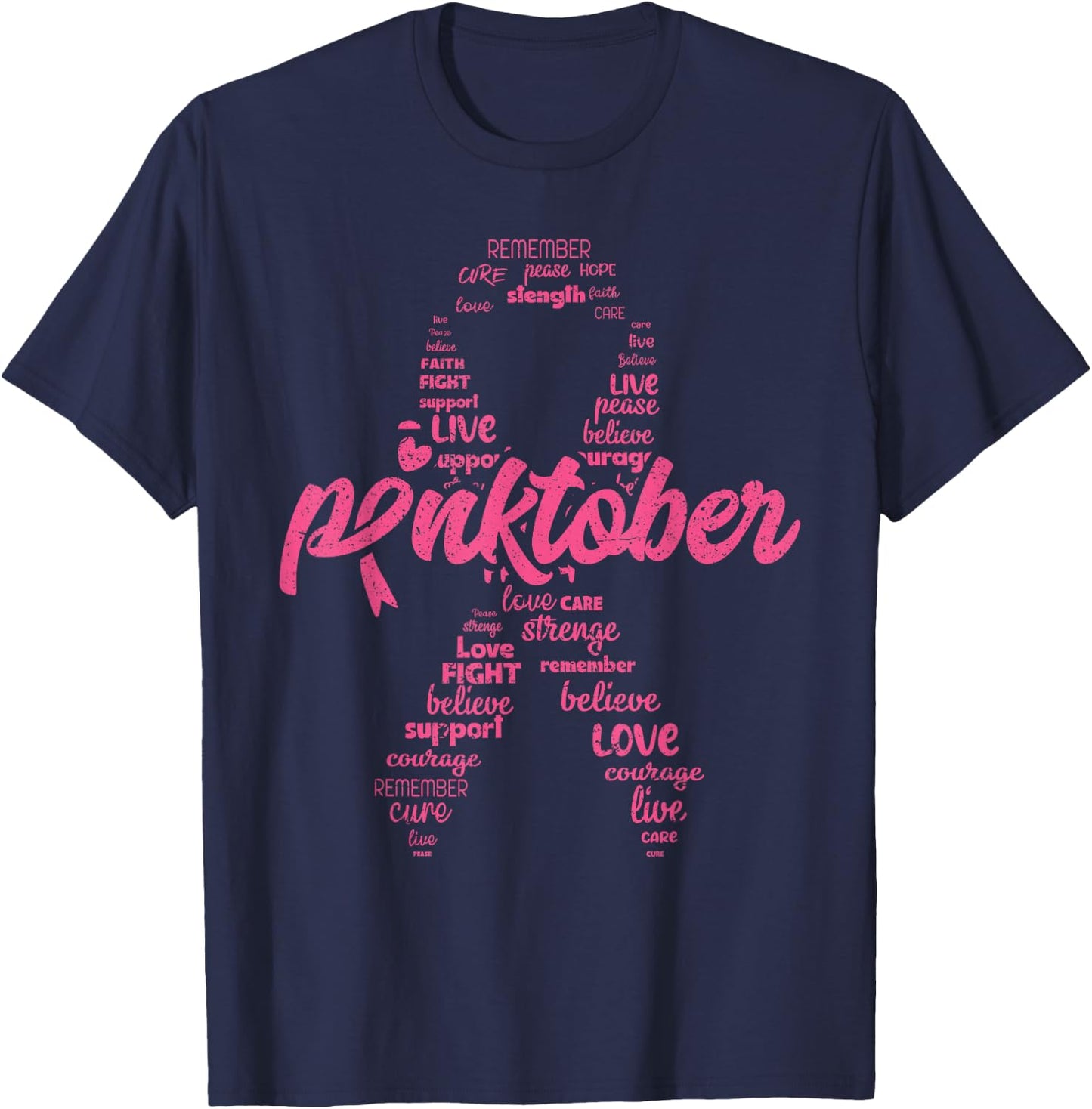 Pinktober Ribbon Breast Cancer Awareness Distressed Style T-Shirt - T-Shirt | Navy