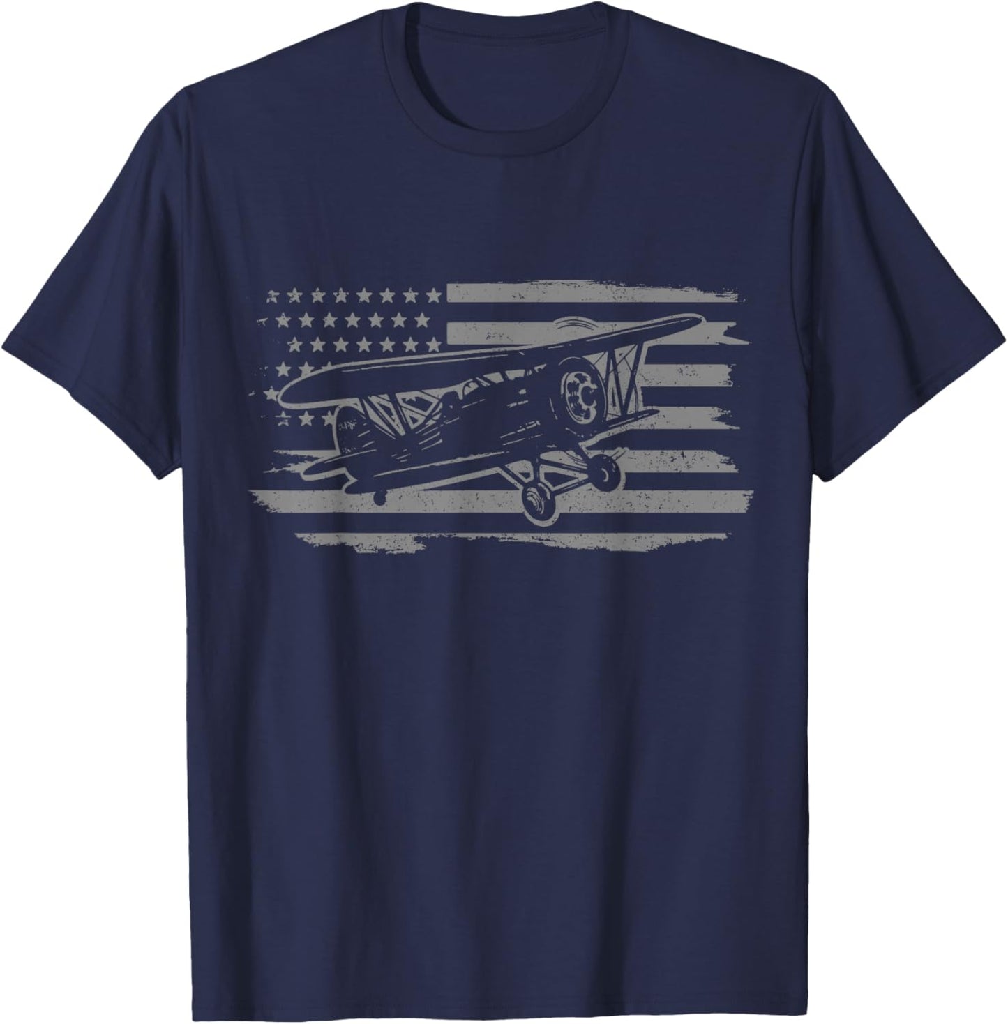 Airplane Pilot Vintage Patriotic Flag Biplane Plane Aviation T-Shirt - T-Shirt | Navy