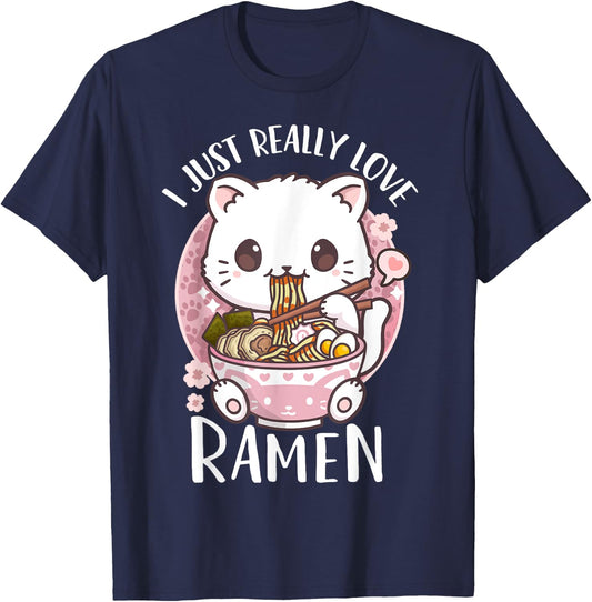 Ramen Cat Anime I Just Really Love Ramen T-Shirt - T-Shirt | Navy