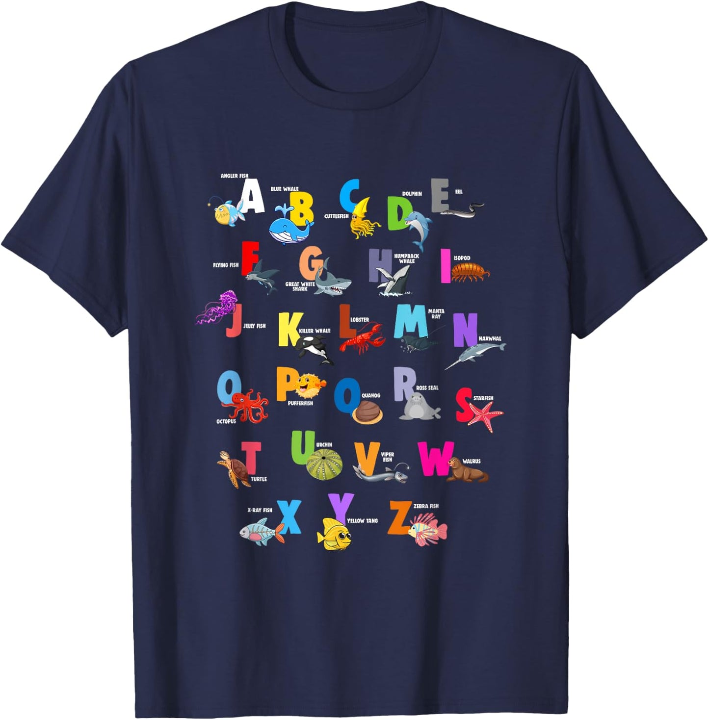 Ocean Animals Alphabet Letter ABCs Fish Dolphin Letters T-Shirt - T-Shirt | Navy