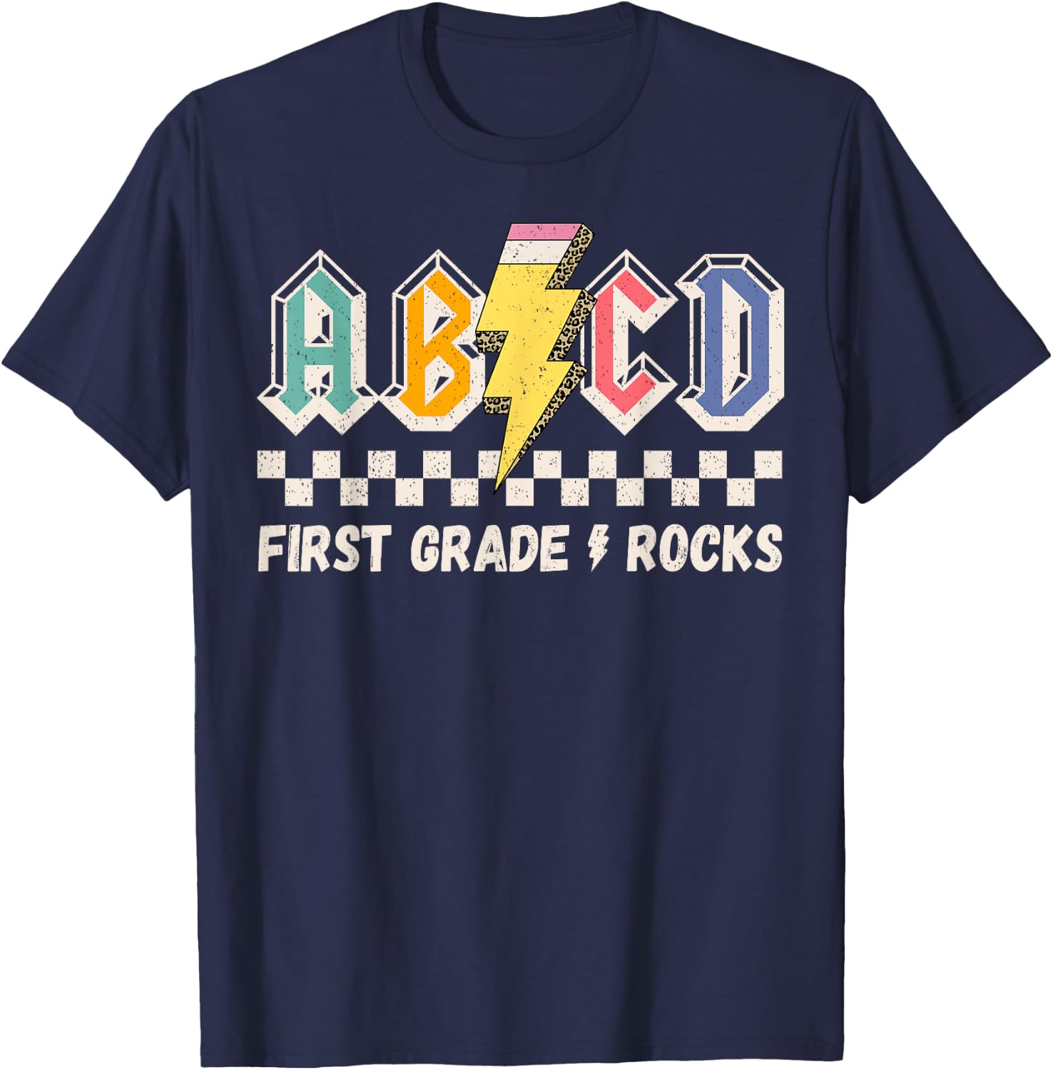 ABCD First Grade Rocks Pencil Lightning Teachers Rock Boys T-Shirt - T-Shirt | Navy