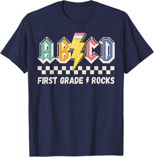 ABCD First Grade Rocks Pencil Lightning Teachers Rock Boys T-Shirt - T-Shirt | Navy