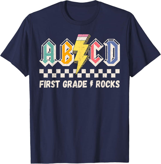 ABCD First Grade Rocks Pencil Lightning Teachers Rock Boys T-Shirt - T-Shirt | Navy