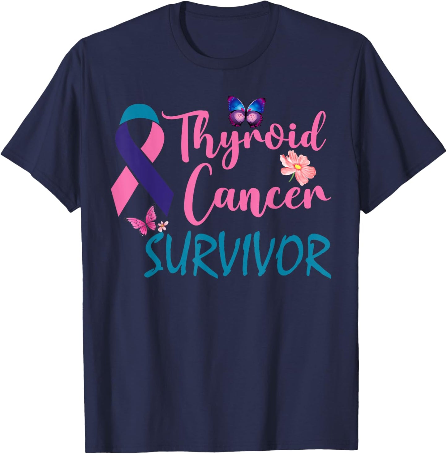 Butterflies Support Ribbon Thyroid Cancer Survivor T-Shirt - T-Shirt | Navy